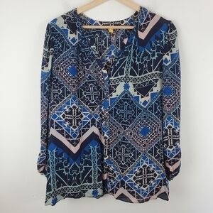 Leifsdottir Button Up Blouse 12 Blue Geometric 100% Silk Anthropologie Business